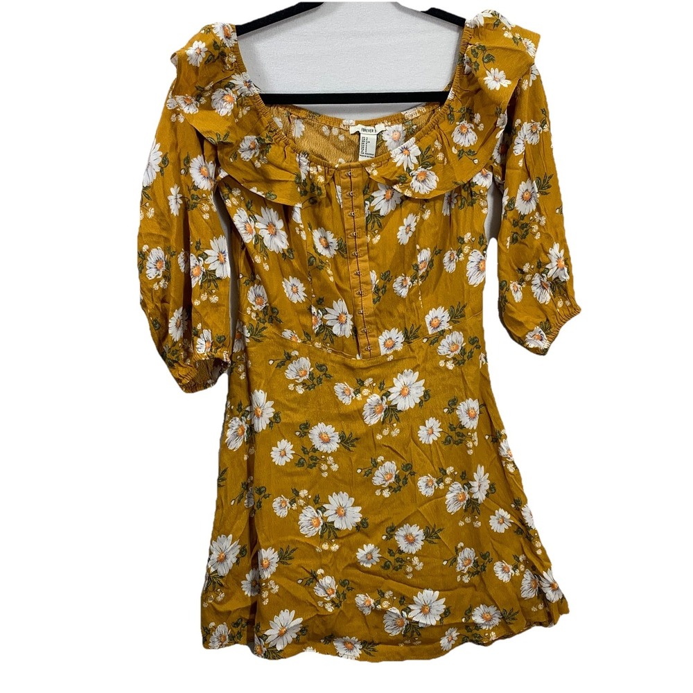 Forever 21‎ Floral Mini Dress Womens Small Mustard Yellow Daisy Ruffle Boho